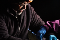 Ernie holding a bat being swabbed