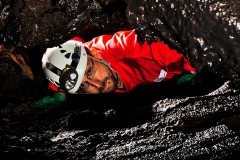 Pedro in the crawlway at the end of the easy part
